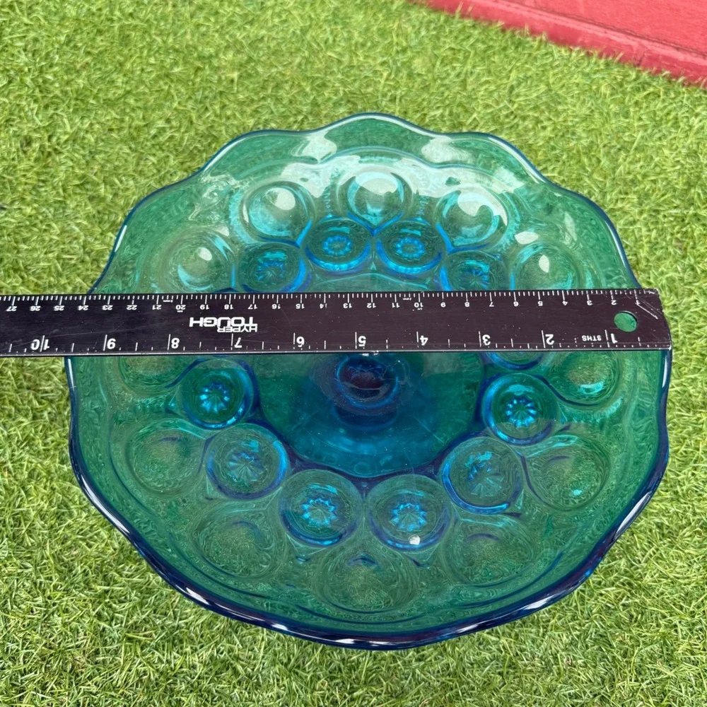 Vintage LE Smith Teal‎ Moon and Stars Glass Pedestal Cake Stand Candy Dish